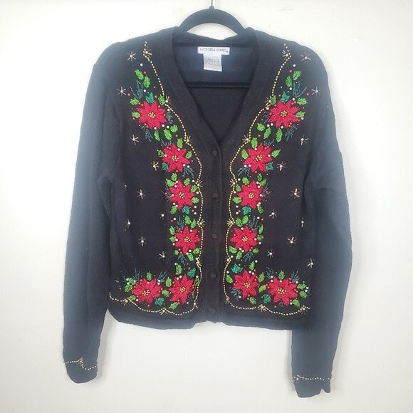 Victoria Jones black cardigan poinsettias and bead trim size large - Picture 1 of 6